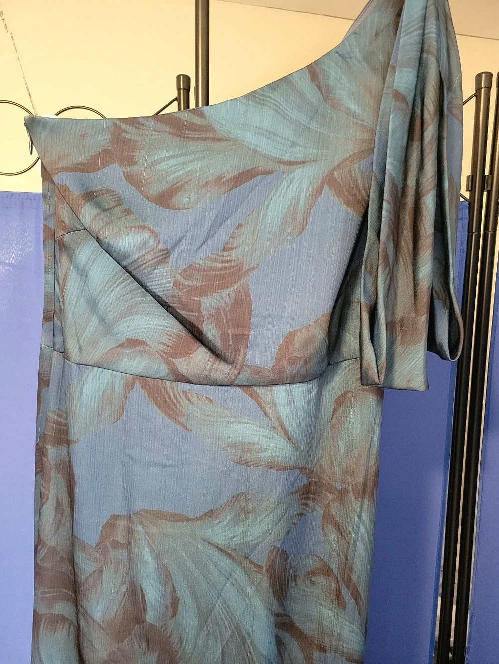 Sachin + Babi Teal and Navy One-Shoulder Floral Gown
